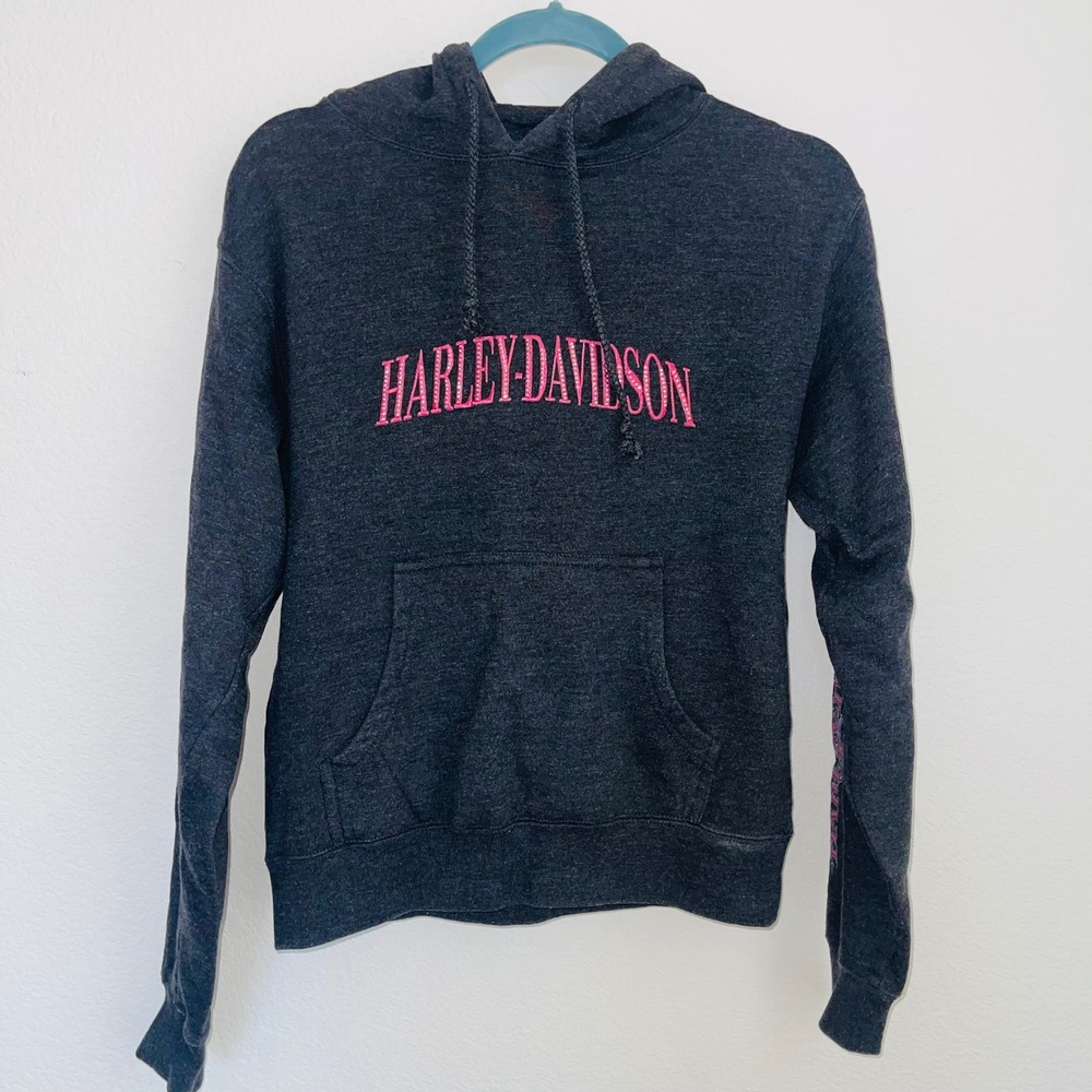 Harley Davidson Hoodie Womens Medium Dark Charcoal Gray Pink Palm Springs CA